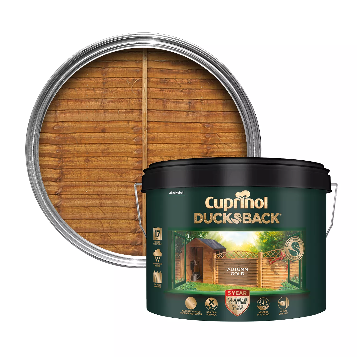 Cuprinol 5 Year Ducksback Autumn Gold Fence & Shed Treatment, 9L 3 Cuprinol 5 Year Ducksback Autumn Gold Fence & Shed Treatment, 9L