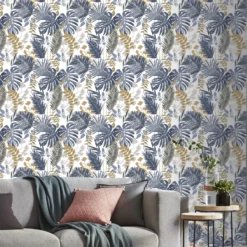 GoodHome Ferula Blue Tropical Leaves Textured Wallpaper -Rust-Oleum Shop goodhome ferula blue tropical leaves textured wallpaper3663602561446 02i bq