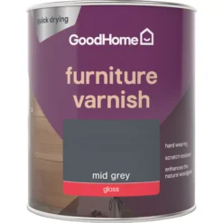 GoodHome Mid Grey Gloss Multi-surface Furniture Wood Varnish, 750ml -Rust-Oleum Shop goodhome mid grey gloss multi surface furniture wood varnish 750ml5059340486925 02c