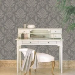 GoodHome Ormonde Charcoal Damask Metallic Effect Textured Wallpaper -Rust-Oleum Shop goodhome ormonde charcoal damask metallic effect textured wallpaper5059340410289 01i