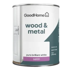 GoodHome Pure Brilliant White Satinwood Metal & Wood Paint, 750ml -Rust-Oleum Shop goodhome pure brilliant white satinwood metal wood paint 750ml5059340285269 02c