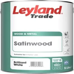 Leyland Trade Pure Brilliant White Satinwood Metal & Wood Paint, 5L
