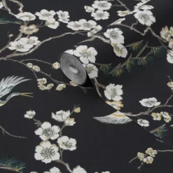 Sublime Japan Black & Green Floral Metallic Effect Smooth Wallpaper
