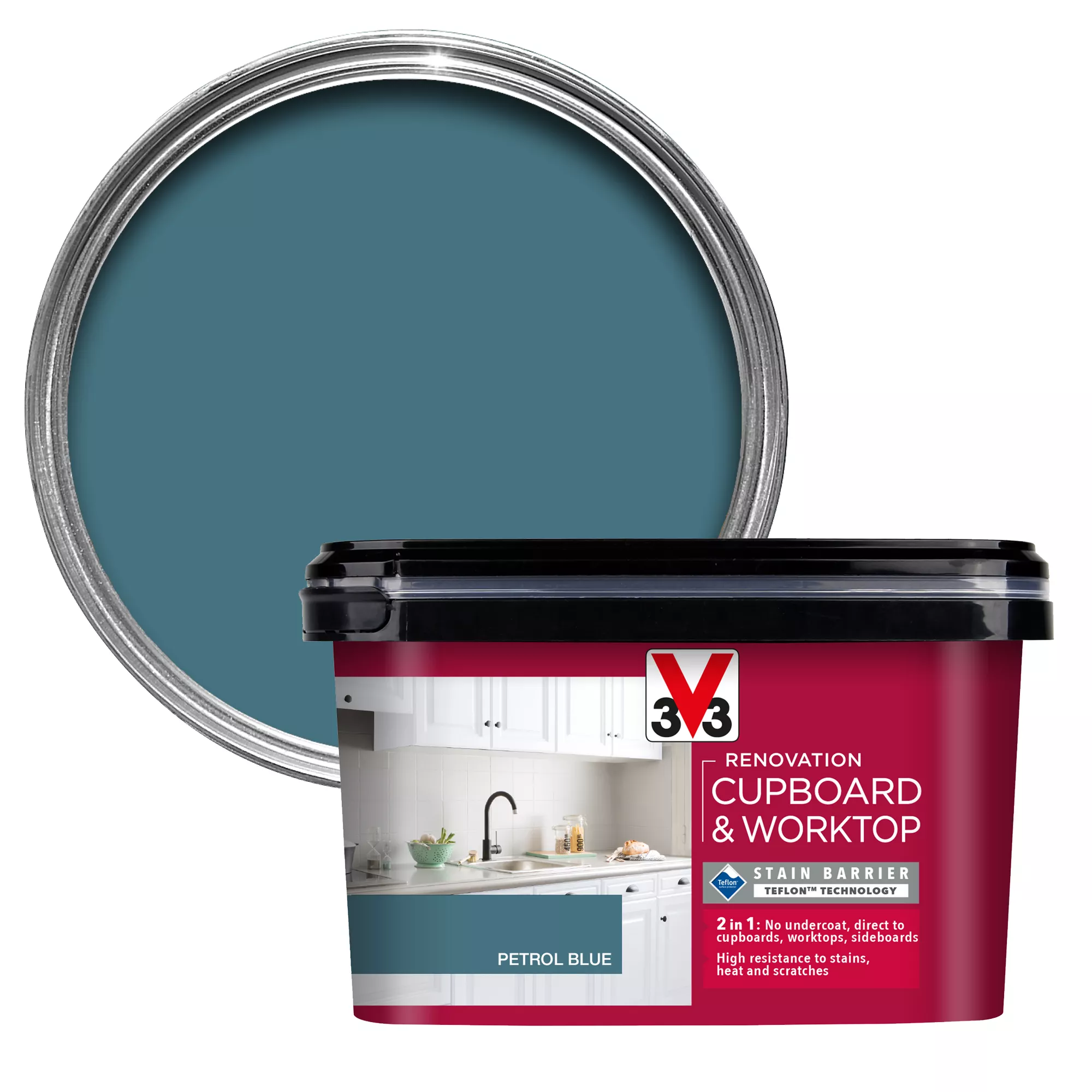 V33 Renovation Petrol Blue Satinwood Cupboard & Cabinet Paint, 2L 3 V33 Renovation Petrol Blue Satinwood Cupboard & Cabinet Paint, 2L